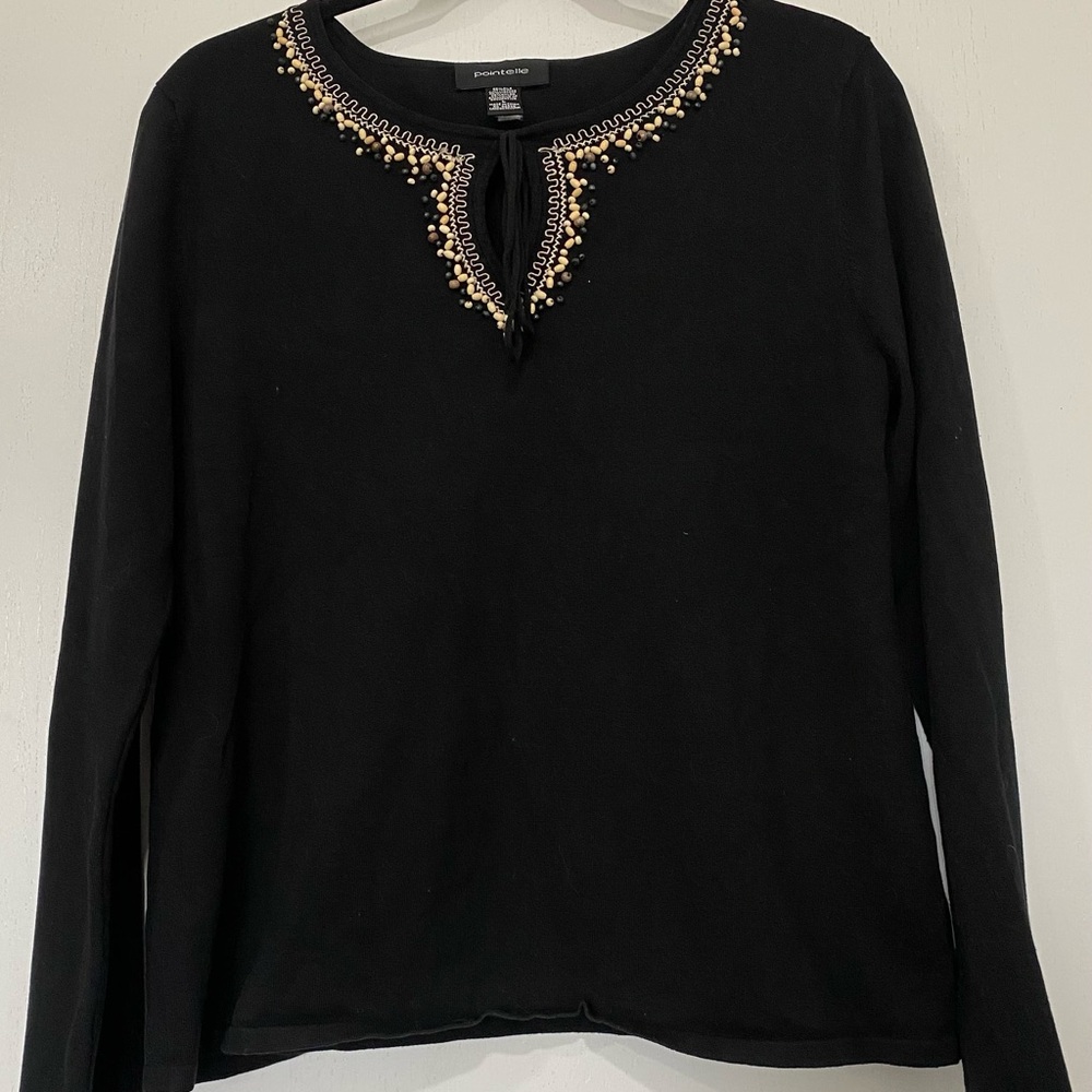 Black Long Sleeve Embellished Tie Front Blouse